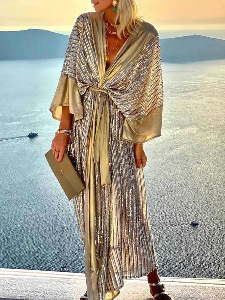 2025 Women Beach Style Three Quarter Batwing Sleeve Holiday Dress V-Neck Sequin Lace-Up Summer Patchwork Ladies Maxi Party Dress