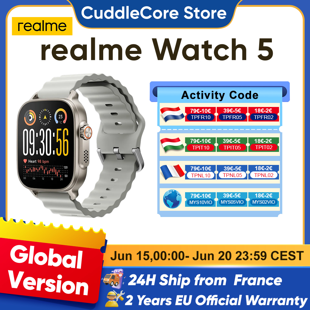 Reloj Inteligente Realme Watch 5 con GPS, NFC, Versión Global, Pantalla 'AMOLED', 14 Días de Autonomía de Batería Bluetooth, 5.3 IP68 para Realme GT 7 Pro, Realme 16 Pro Plus