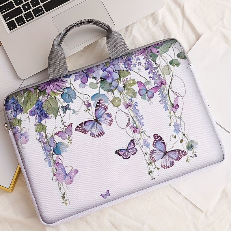 Eendelige set, twee stijlen, laptoptas en aktetas met paars vlinderpatroon, geschikt voor 14-inch laptops
