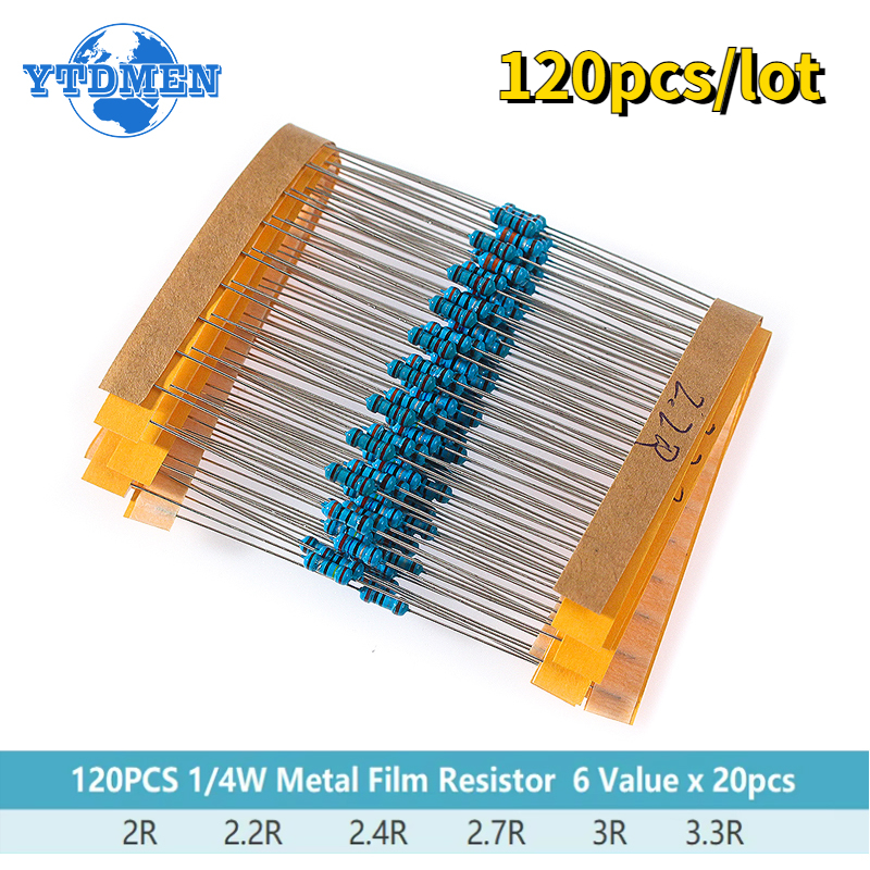 120 stks 1/4 W 1% Metaalfilmweerstand Auto Airbag Reparatie Weerstand 2ohm 2.2ohm 2.4ohm 2.7ohm 3ohm 3.3ohm 6 Types Weerstand Kit 0.25 W