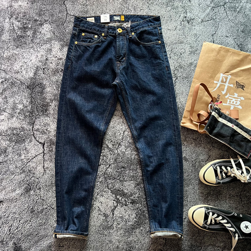 14oz Wysokiej jakości 100% bawełna One Wash Raw Deep Blue Denim Jeans dla mężczyzn Red Selvedge Slim Straight Pants Vintage y2k Youth Male