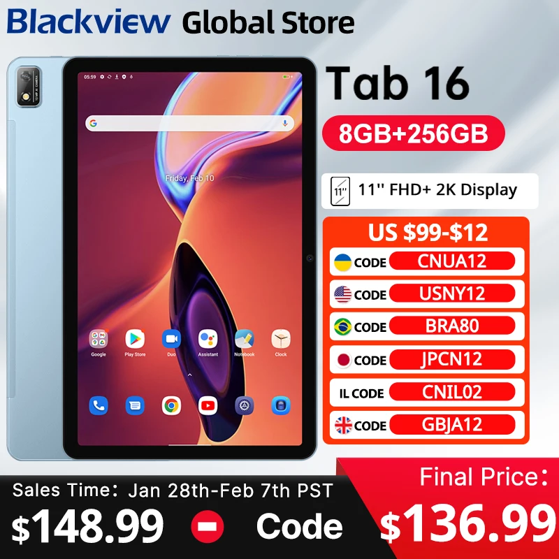 【Estreia mundial】Blackview Tab 16 Tablet Android 8GB + 256GB 11''2k FHD + Display 7680 mAh Bateria Widevine L1 Unisoc T616 Tablet PC