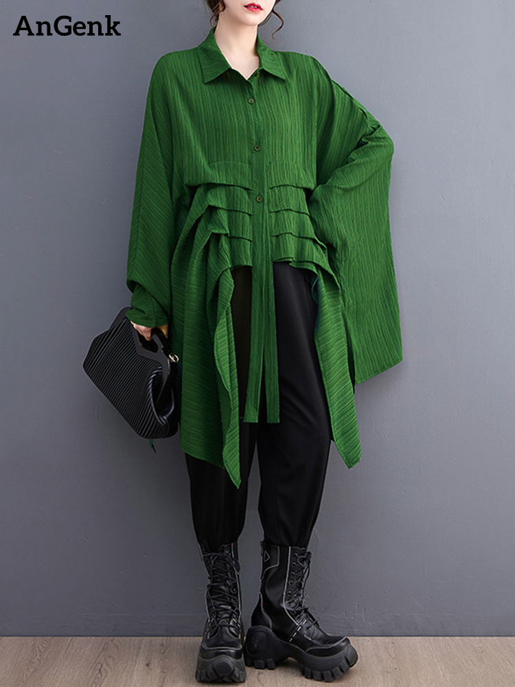 Grünes Vintage Oversize-Hemd für Damen – Neuheit mit Revers, langen Ärmeln, lockerer Passform, lässige Bluse, modische Kleidung für Frühling/Sommer 2026