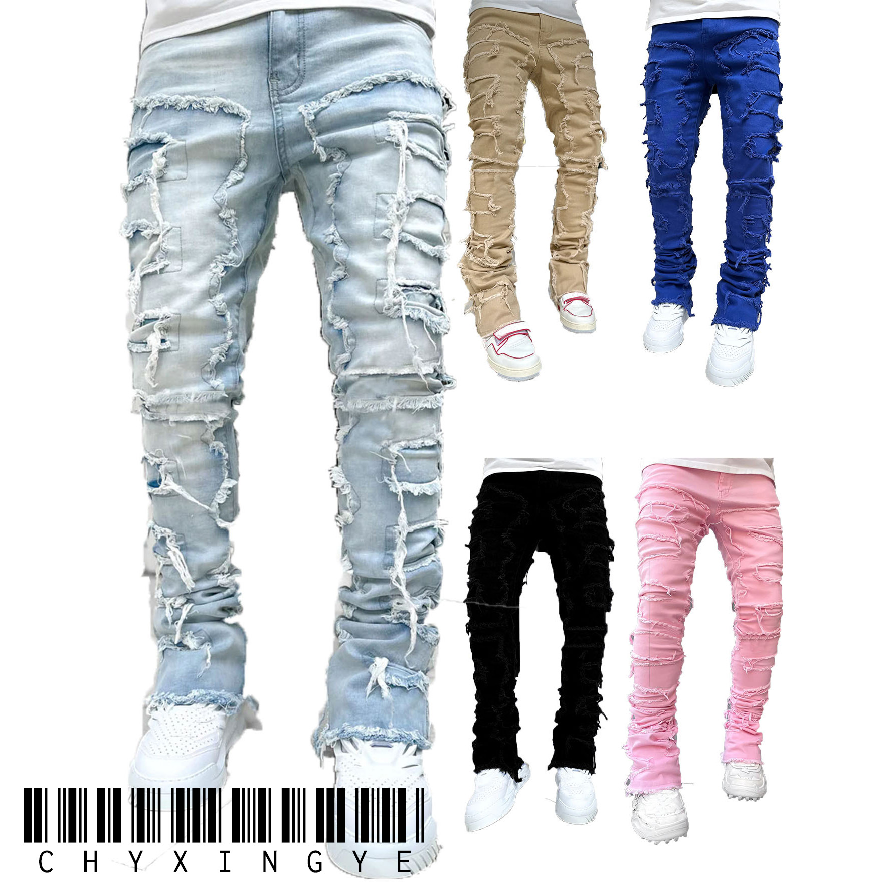 2025 nuevos pantalones vaqueros apilados para hombre, pantalones vaqueros de longitud completa con borlas de retales estirados, pantalones Hip-pop para hombre