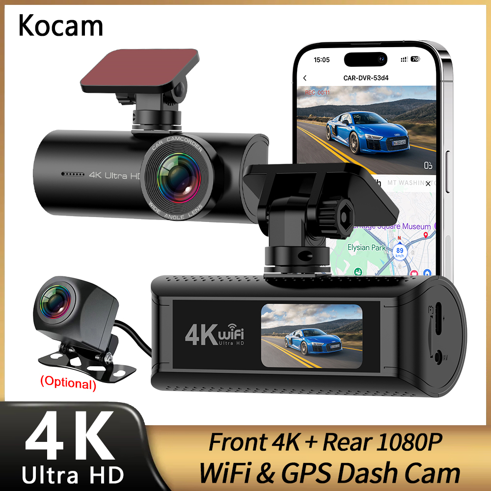 Kocam 4k wifi gps duplo traço cam frente e traseira para carros câmera dvrs gravador de vídeo dashcam filmadora caixa preta