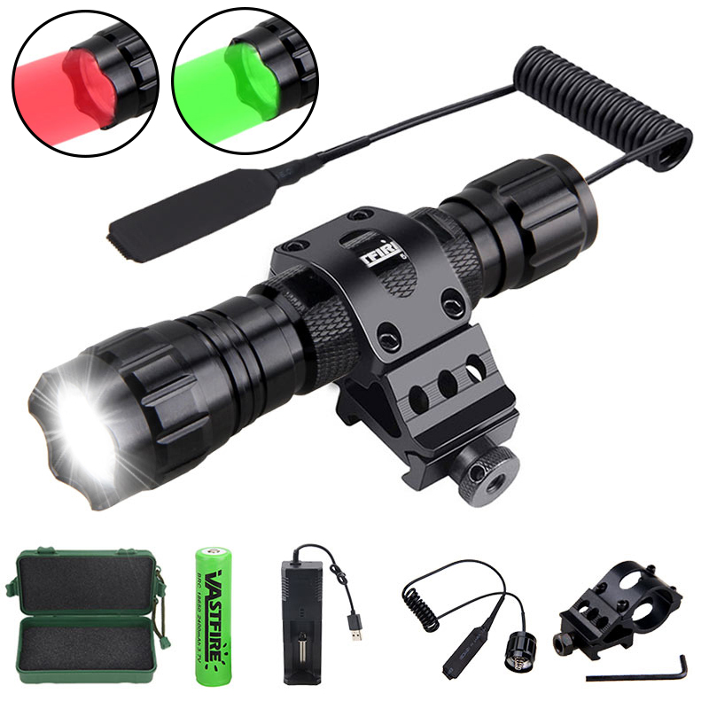 Taktische Jagd Taschenlampe Weiß/Rot/Grün Led Taschenlampe Waffe Gun Licht + Zielfernrohr Airsoft Halterung + Schalter + 18650 + USB Ladegerät + Box
