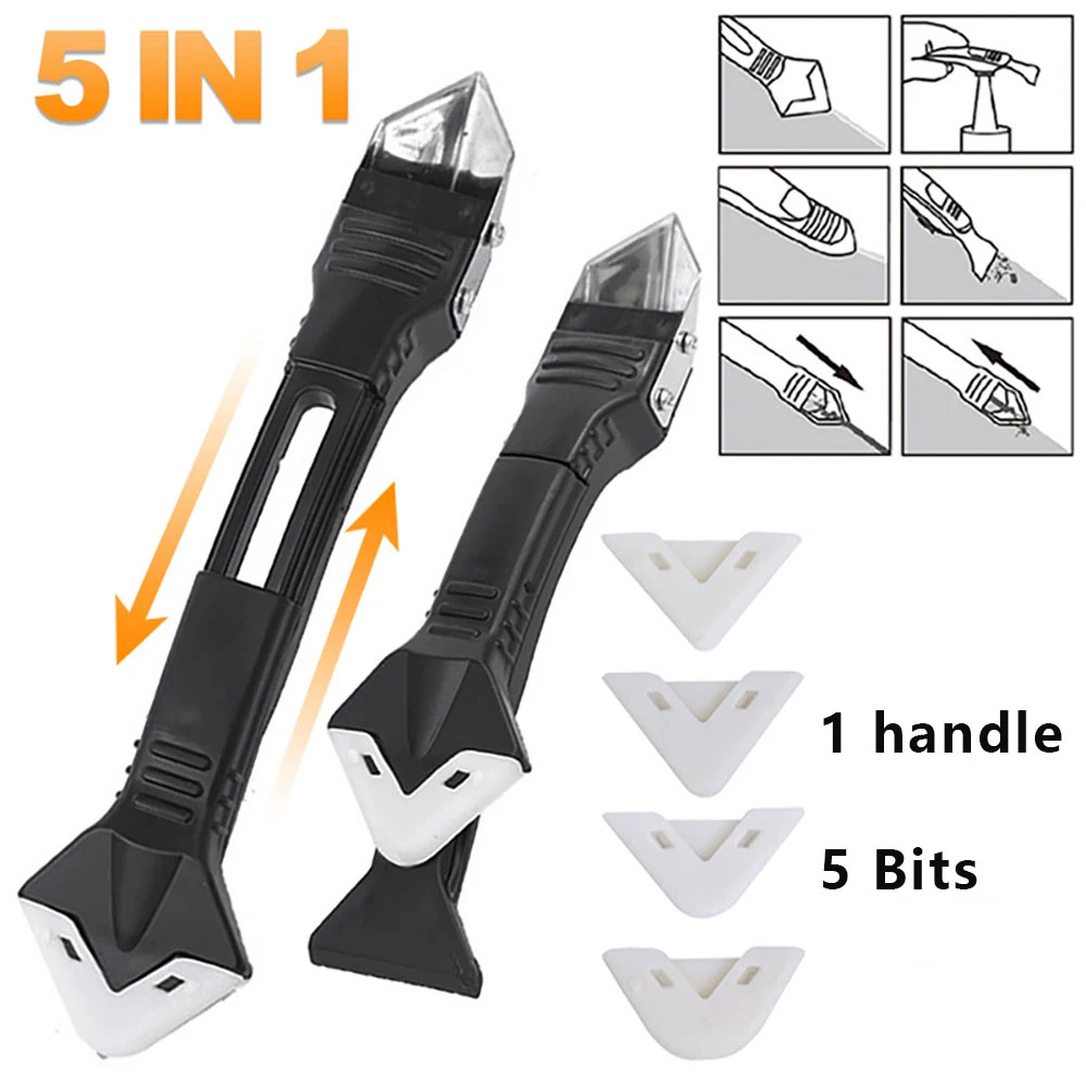 ชุดเครื่องมืออเนกประสงค์ 5 in 1 สำหรับงานโลหะ: ไม้พายซิลิโคน, ที่ขูดกาว, ที่ขูดยาแนว, ที่ขูดซีลแลนท์, ที่ขูดมุม
