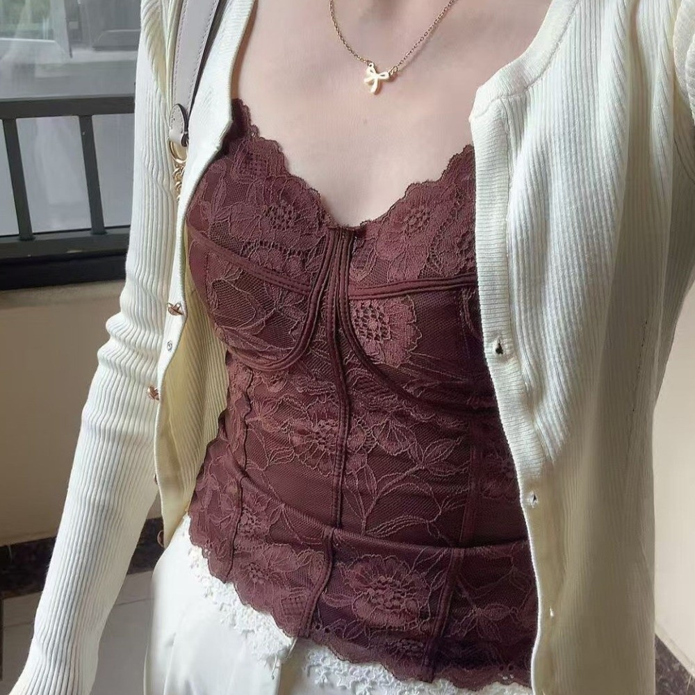 Mesh Flower Slim Lace Crop Top Bottoming Shirt Fish Bone Lines Girl's Vest Top Spicy Girls Style Sweet Camisole with Pads Lady