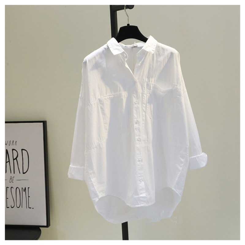 Primavera coreano oose casual simples cor sólida manga longa senhora camisa irregular elegante bolsos feminino versátil blusa branca 971