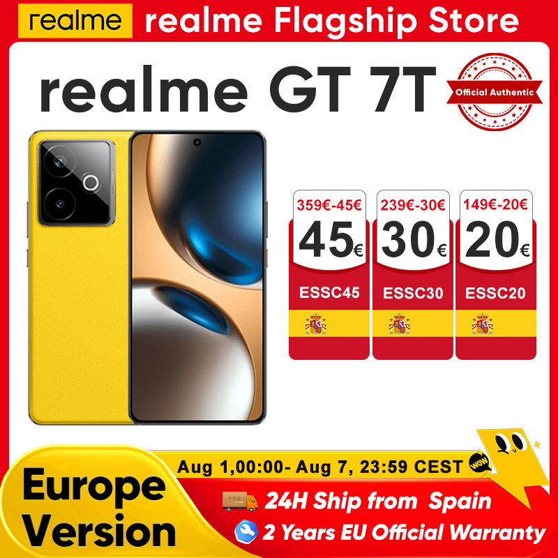 Smartphone Realme Gt 7t 5g, nouveau Mediatek 8400-Max, batterie Titan 7000 mAh, charge ultra-rapide 120W et écran 6,8 pouces 120Hz. Version Globale