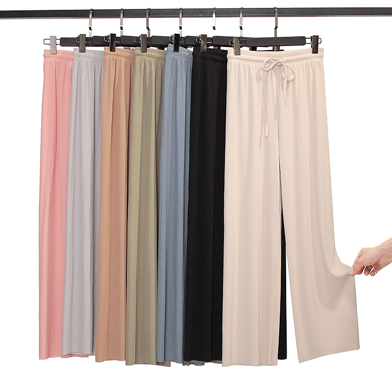 Calça feminina de pernas largas na altura do tornozelo, calça casual de verão, cintura elástica monocromática, calça solta de seda gelada, primavera verão