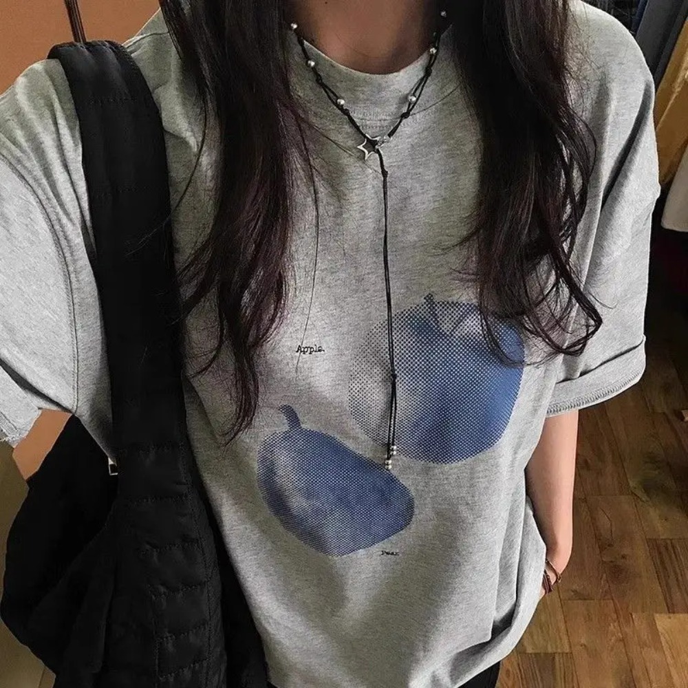 T-shirt pour femme imprimé fruits bleus, tendance rétro estivale, haut confortable décontracté à col rond et manches courtes