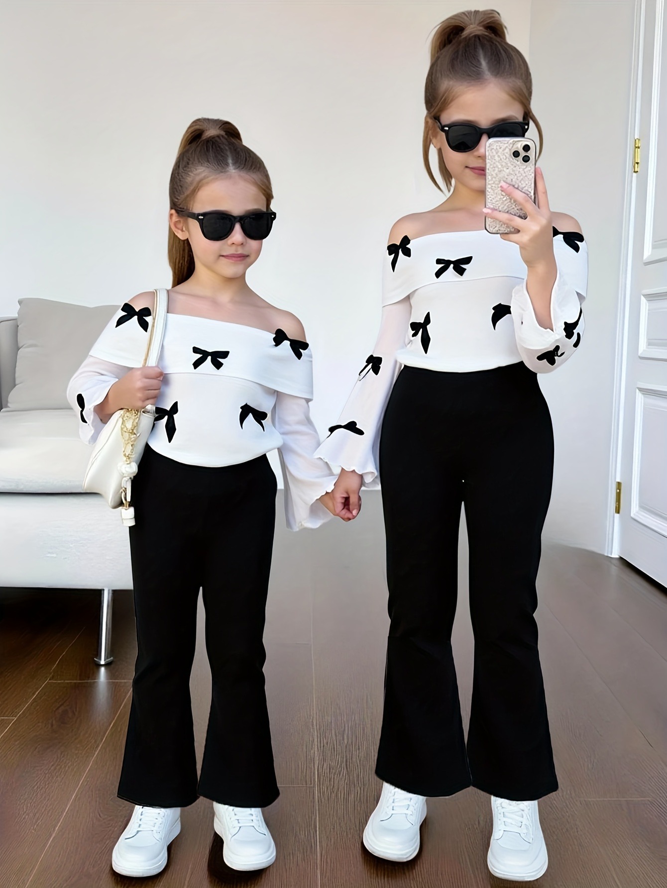 Conjunto de 2 peças para meninas, top com estampa de laço e manga flare, calça flare de cintura alta, conjunto casual de verão para família, roupa diária