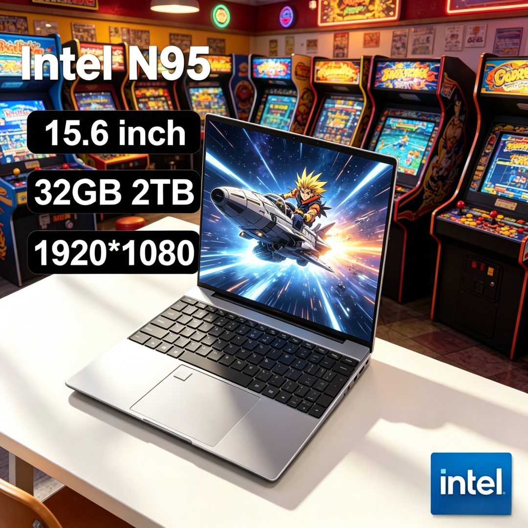 Portátil Robusto y Elegante de 15.6 Pulgadas con Intel N95, Windows 11, 32 GB de RAM DDR4, SSD de 2 TB, Ordenador para Juegos y Oficina con Retroiluminación