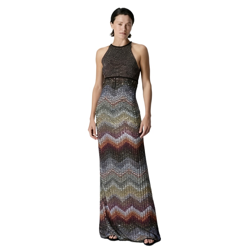 Multicolor Zigzag Print Sequin Halter Sleeveless Waist Fitted Maxi Evening Dress 2026 Fashion Party Elegant Soft Dress for Women