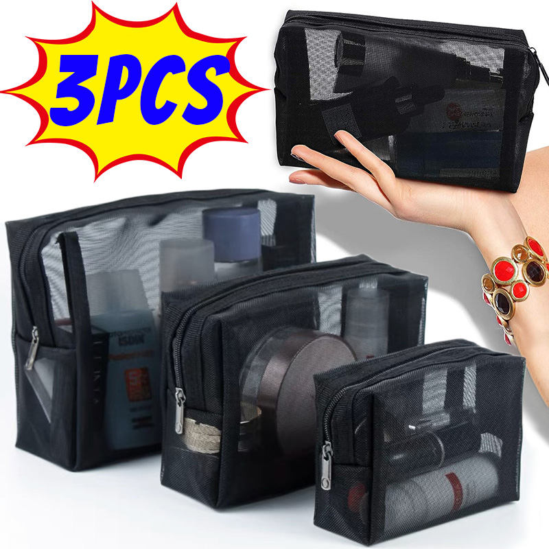 Bolsas de cosméticos transparentes de malla, bolsa de maquillaje negra pequeña y grande, organizador de artículos de tocador de viaje portátil, bolsa de almacenamiento de lápiz labial, 1/3 Uds.