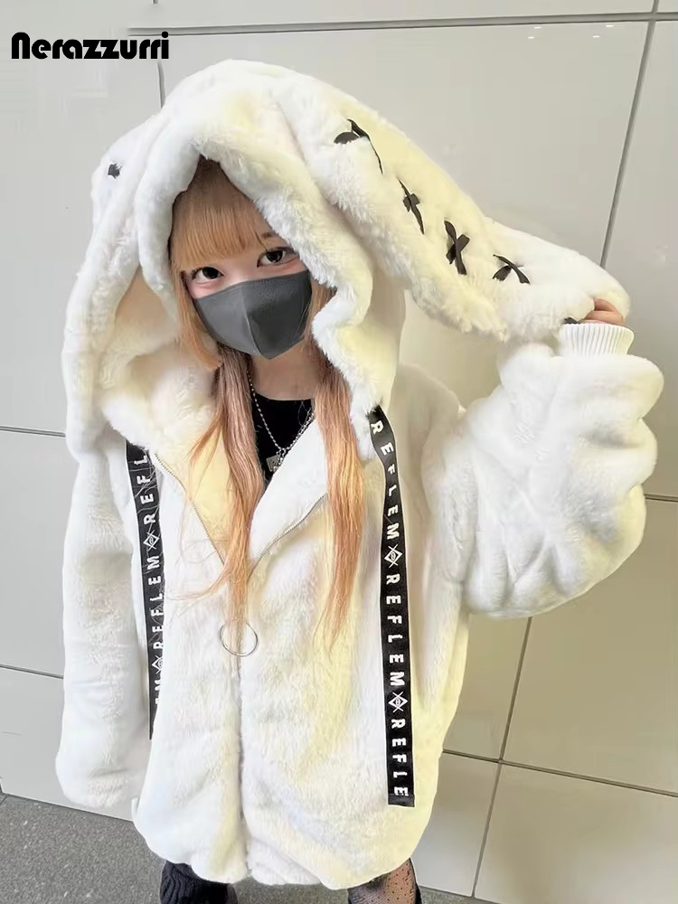 Nerazzurri-Manteau en Fausse Fourrure pour Femme, Veste d'Hiver Douce et Mignonne, Kawaii, Optique Douce, Chaud, Blanc, Oreilles de Lapin, Mignon, Moelleux, Sweat à Capuche, 2024