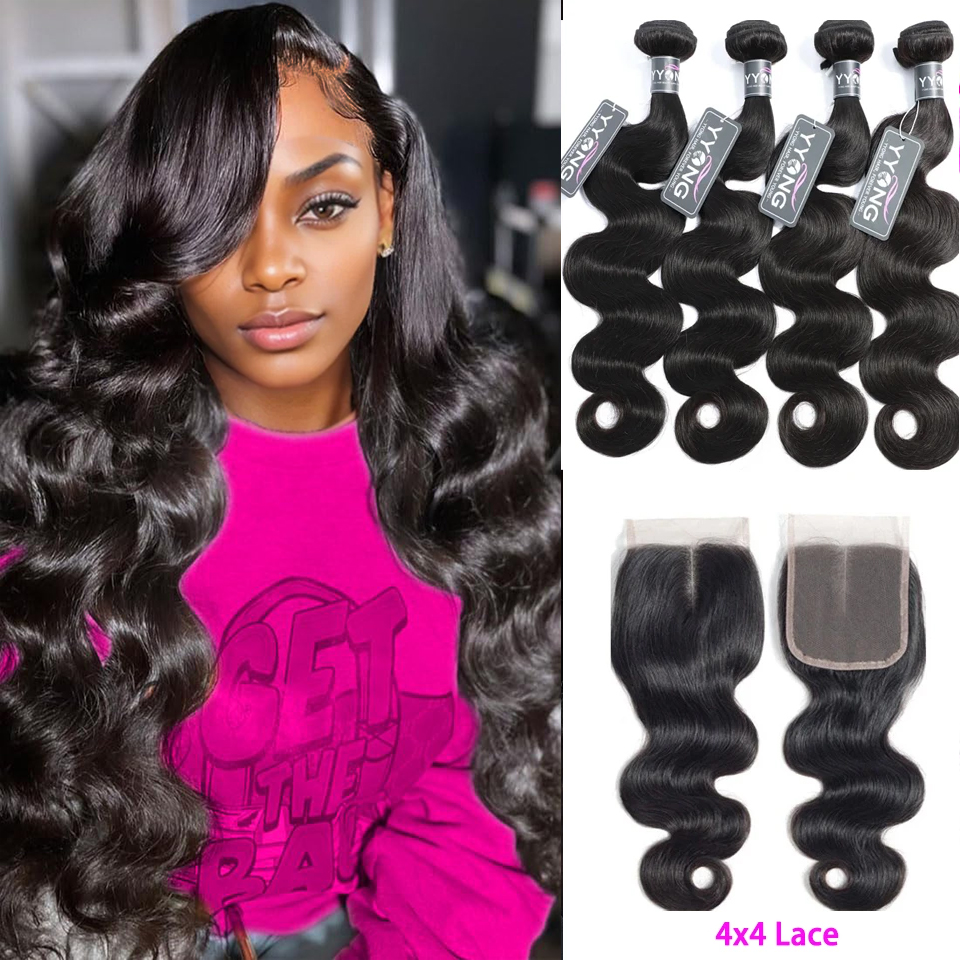 Yyong onda do corpo pacotes com fechamento tecer cabelo brasileiro 3/4 pacotes com fechamento de renda 4x4 remy feixes de cabelo humano com fecho