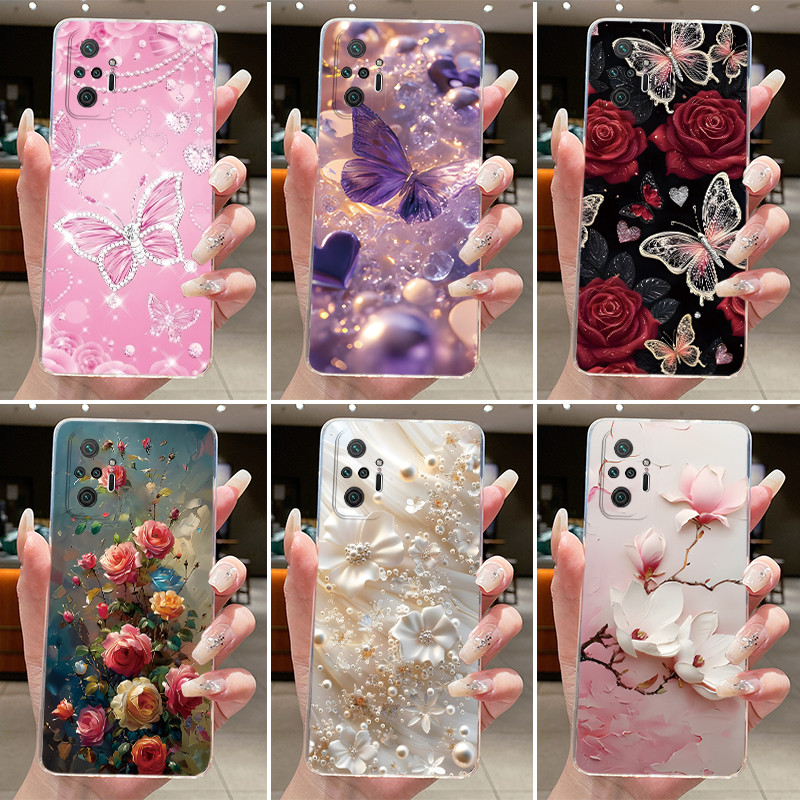 Per Xiaomi Redmi Note 10 Pro / Note10 / Note 10S / Poco M5S Custodia trasparente di lusso con fiore di farfalla Custodia morbida in TPU trasparente