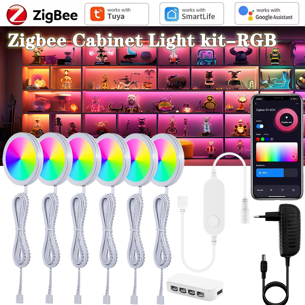 Tuya Zigbee DC12V RGB LED Under Cabinet Light Dimmable Puck Light Voice Control Festival Wardrobe Bedroom Kitchen Alexa Google