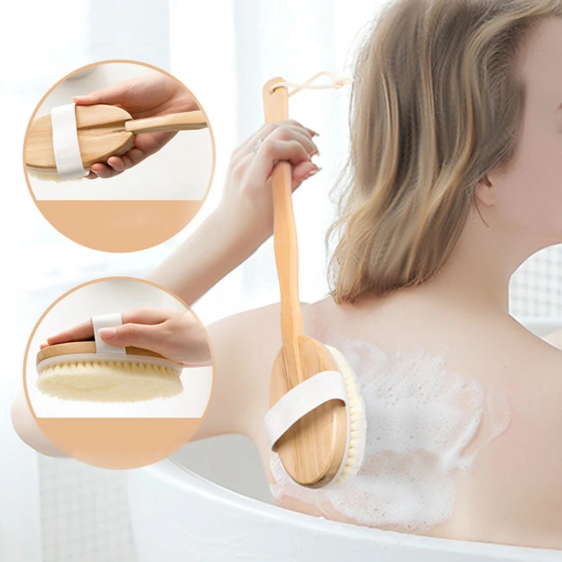 Cepillos corporales de baño con mango largo, cerdas naturales, masajeador exfoliante con mango de madera, herramienta de ducha de cepillado en seco