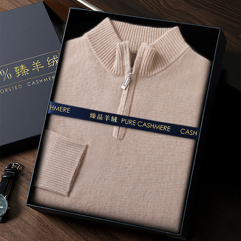 100% de cachemira de cabra para hombre, suéter con cuello simulado, jerséis con cremallera, Otoño Invierno, prendas de punto holgadas sólidas clásicas gruesas, ropa coreana para hombre