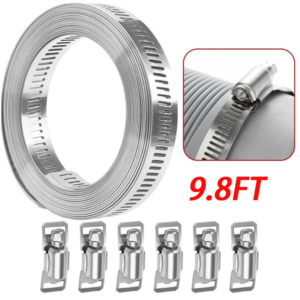 Abrazaderas de manguera grandes ajustables de 9,8 pies, abrazadera de acero inoxidable con engranaje helicoidal con 6 sujetadores, abrazadera de plomería, Kit de Clips de manguera resistentes