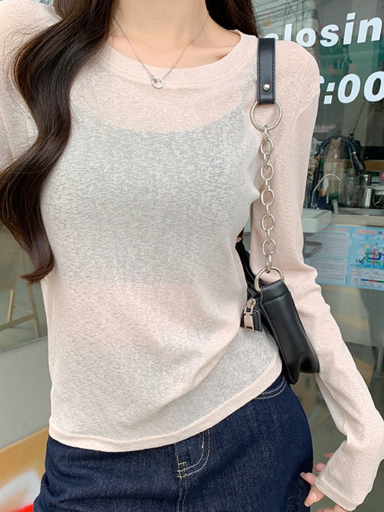 2026 Lente Zomer IJs Zijde Zonbeschermende Blouse Lange Mouw Effen Losse Veelzijdige Overslag Top Sexy Doorschijnende Dames T-shirts