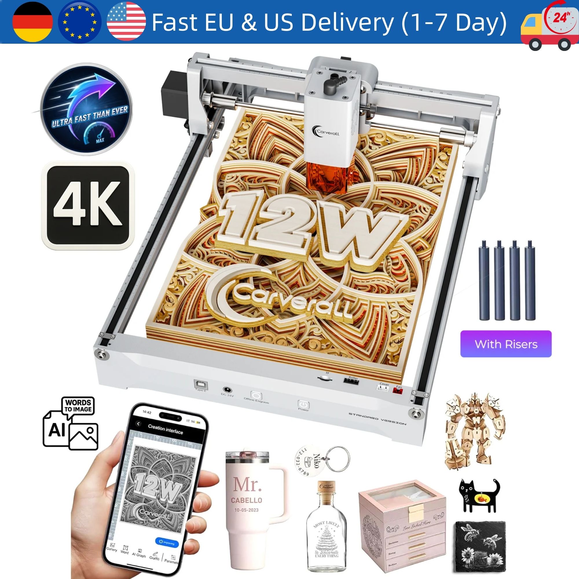 Carverall K15Pro レーザー彫刻機 7W 12W ポータブルダイオードレーザー彫刻機 初心者向けDIYツール 木材、革、アクリル用