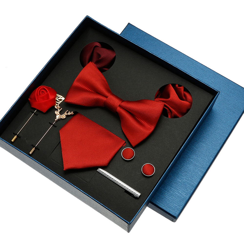 Ensemble de cravates de luxe pour hommes, 8 pièces, dans une boîte cadeau, avec nœud papillon de mariage festif, carrés de poche, boutons de manchette, broches à Clip, costume