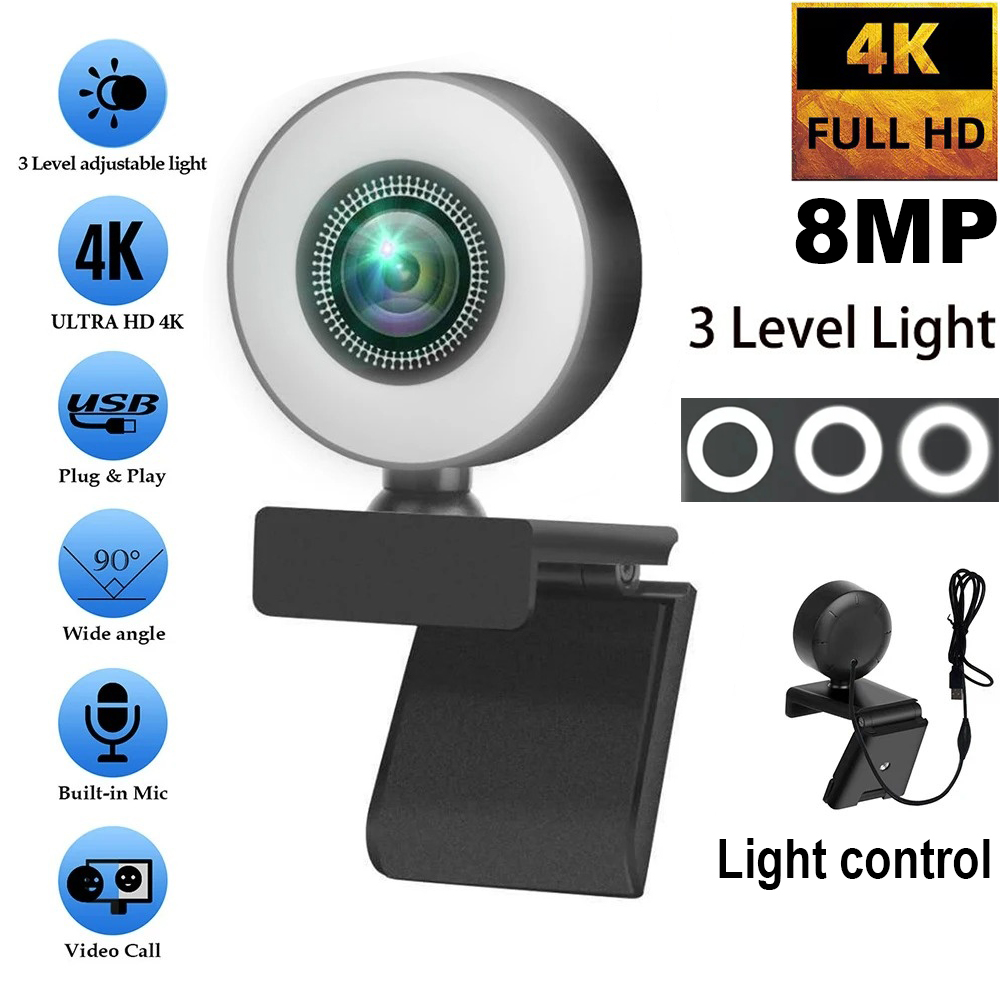 4K 2K 1080P Webcam Lichtregeling Full HD 8MP Webcam PC Laptop Autofocus Live Streaming Flexibel met microfoon Live-uitzending