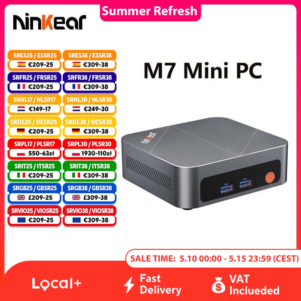 Mini PC Ninkear M7, Mini Computadora con AMD Ryzen ™   5 7430U Windows 11 PRO 16GB DDR4 RAM 512GB SSD WIFI6.0 BT5.2 Pantalla Triple