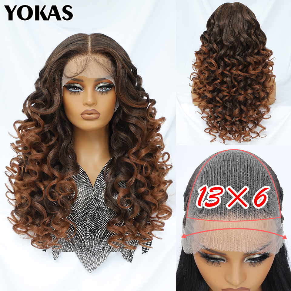 Wig Lace Frontal Latisha Sintetis 24 Inch, Rambut Keriting Longgar, Pre Plucked, Wig Lace Frontal untuk Wanita, Highlight dengan Baby Hair, Wig 13X6