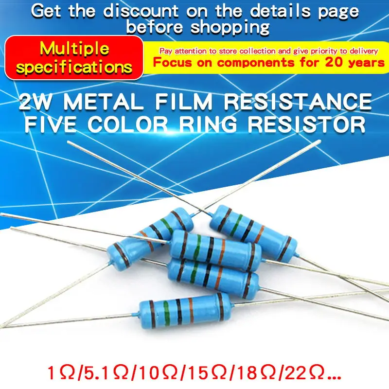 20PCS 2W 1% Metaalfilmweerstand 2W 1Ω - 4.7MΩ 1 4.7 10 47 100 200 220 300 330 470 680 910 1K 2.2K 4.7K 10K 15K 100K 470K 1M ohm