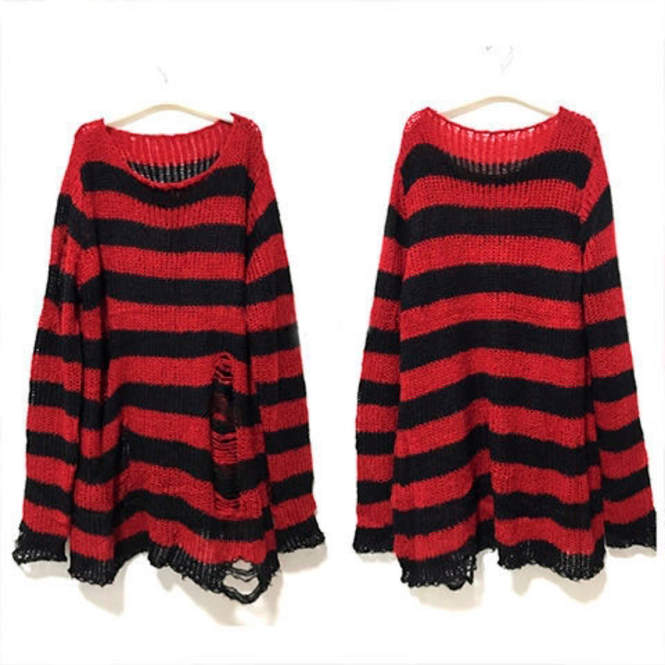 Novo goth punk gótico camisola pullovers de grandes dimensões feminino listrado legal oco para fora buraco quebrado jumper harajuku estética camisola