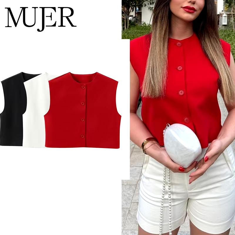 MUJER rouge gilet sans manches femme bouton noir blanc recadrée gilet femmes été décontracté manteaux courts gilet femmes mode gilets