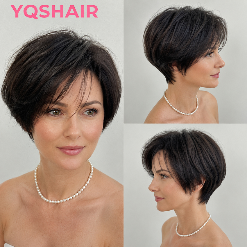 Peluca Corta Estilo Pixie Bob, 100% Cabello Humano, Tejida a Mano, con Base de Seda, Peluca Completa con Flequillo, Pelucas Médicas para Mujeres