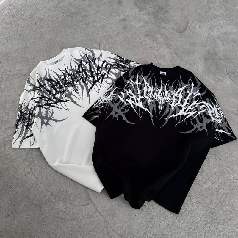 Erwachsenen Gothic Cyberpunk Y2K Schablonendruck 3D-Stickerei Sommer Lässiges Schnelltrocknendes Atmungsaktives Kurzarm-T-Shirt