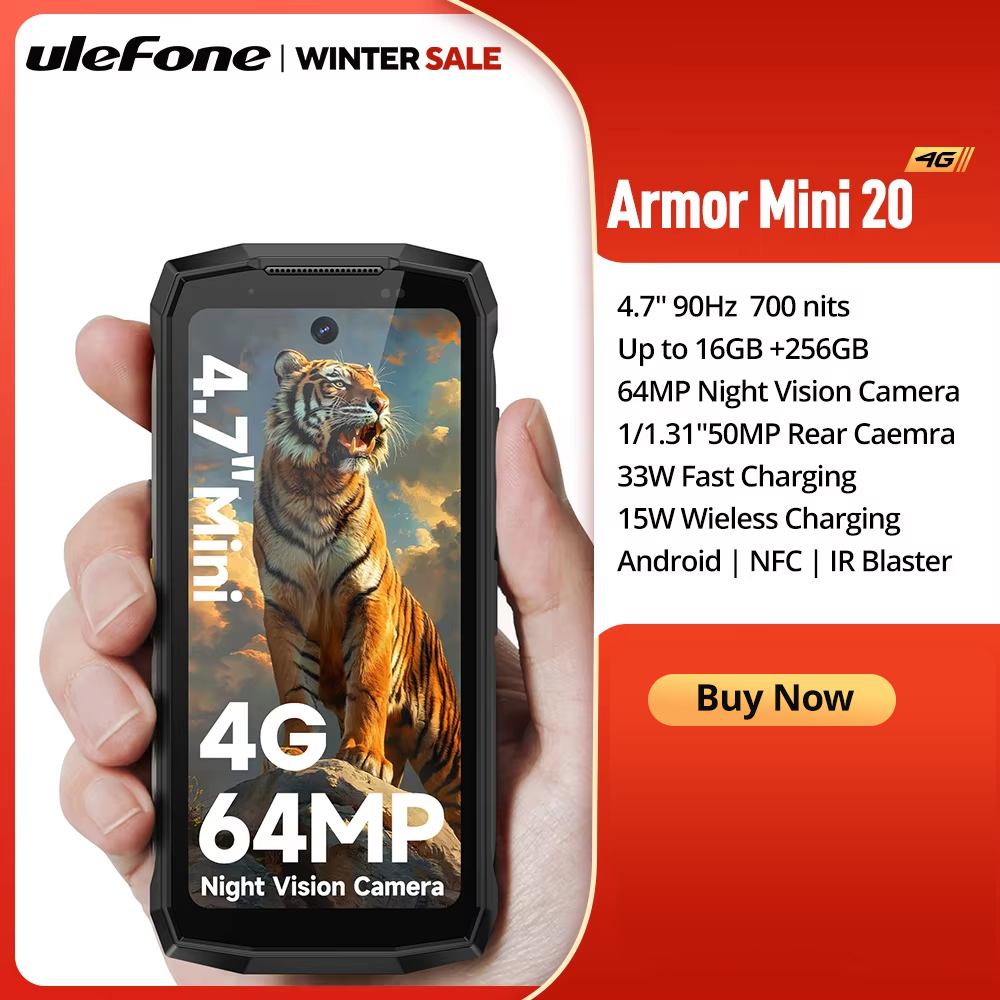 Ulefone Armor mini 20 4G สมาร์ทโฟนหน้าจอ 4.7 นิ้วที่ทนทาน กล้องถ่ายภาพกลางคืน 64MP ไฟ LED อเนกประสงค์ ระบบปฏิบัติการ Android 14 แบตเตอรี 6200mAh แรม 16GB（8+8）รอม 256GB 33W