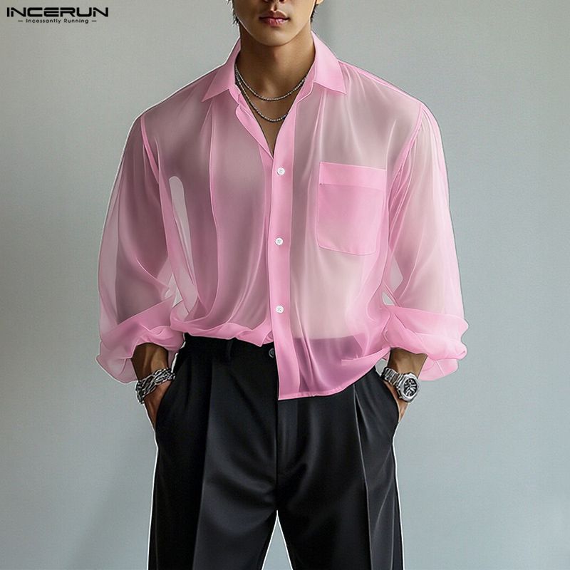 INCERUN เสื้อเชิ้ตผู้ชายผ้าชีฟองเนื้อเรียบ ปกเสื้อแบบปกเชิ้ต แขนยาว ซีทรู เสื้อผ้าผู้ชายทรงหลวม เซ็กซี่ สตรีทแวร์ แฟชั่นลำลอง เสื้อเชิ้ตผู้ชาย