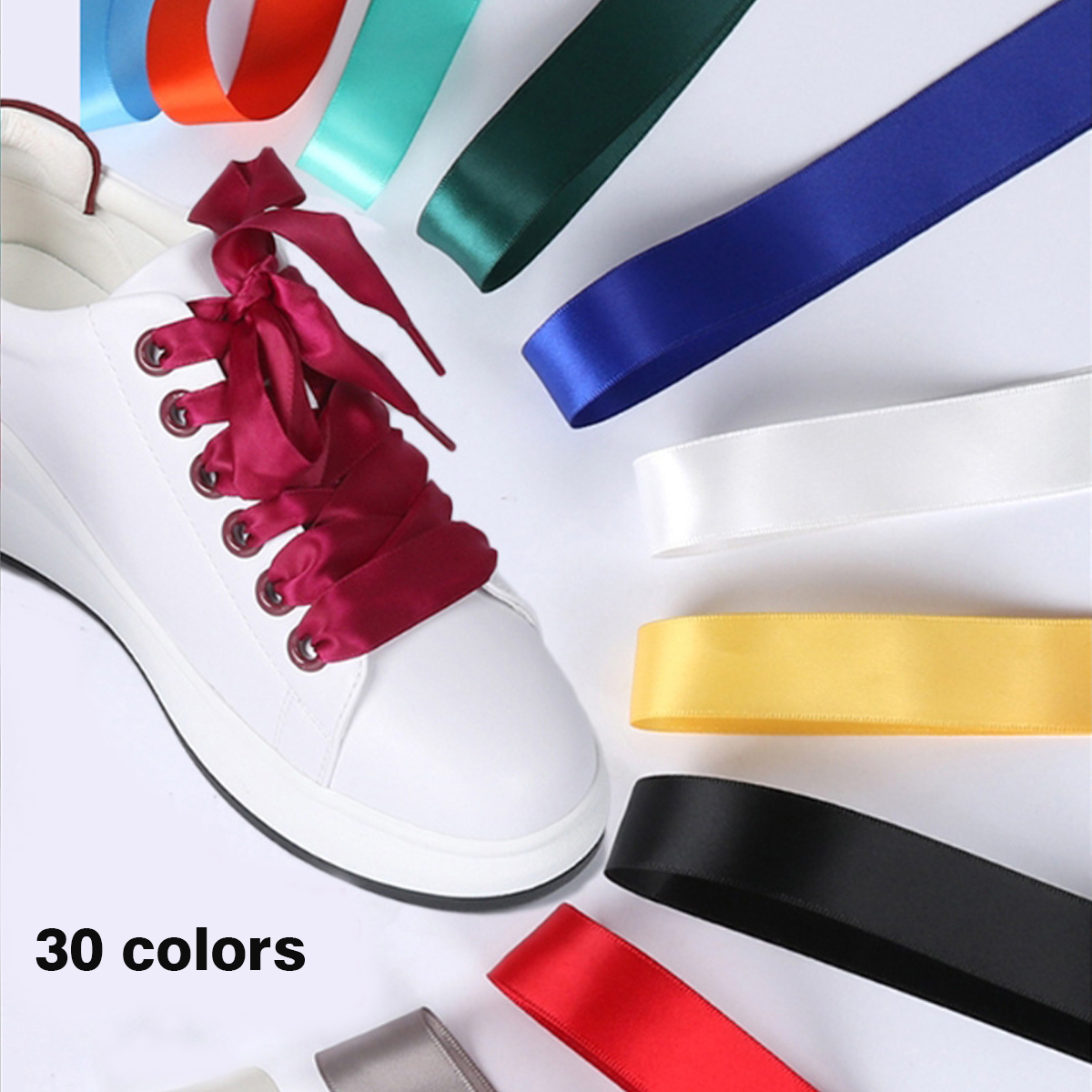 Tali lebar satin datar 27 warna, poliester dua sisi, warna permen satin, renda datar satin 1 pasang