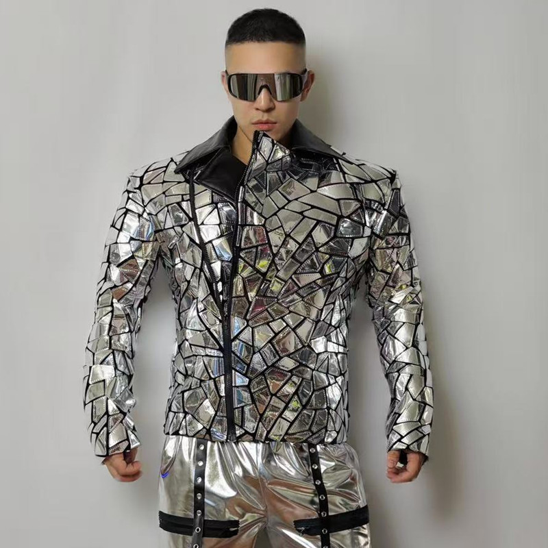 Glitter Perak Laser Cermin Blazer Mantel Pria Bar Klub Malam Penyanyi Panggung Kinerja Payet Setelan Jaket Pesta Perjamuan Tuksedo