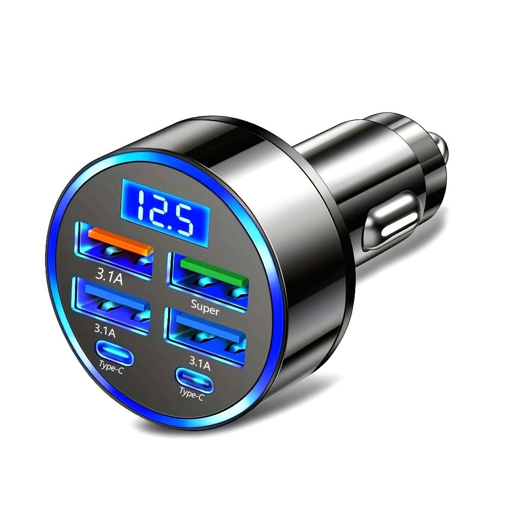 Adaptador de carga rápida 6 en 1 para coche 3.1A pantalla Digital Dual tipo C teléfonos inteligentes tabletas bancos de energía cargador portátil negro