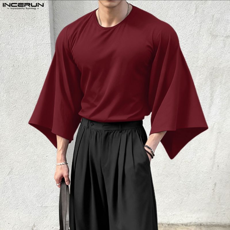 INCERUN Men T Shirt Solid Color O-neck 3/4 Sleeve Casual Male Tee Tops Streetwear Loose Korean Style Fashion Men Clothing S-5XL