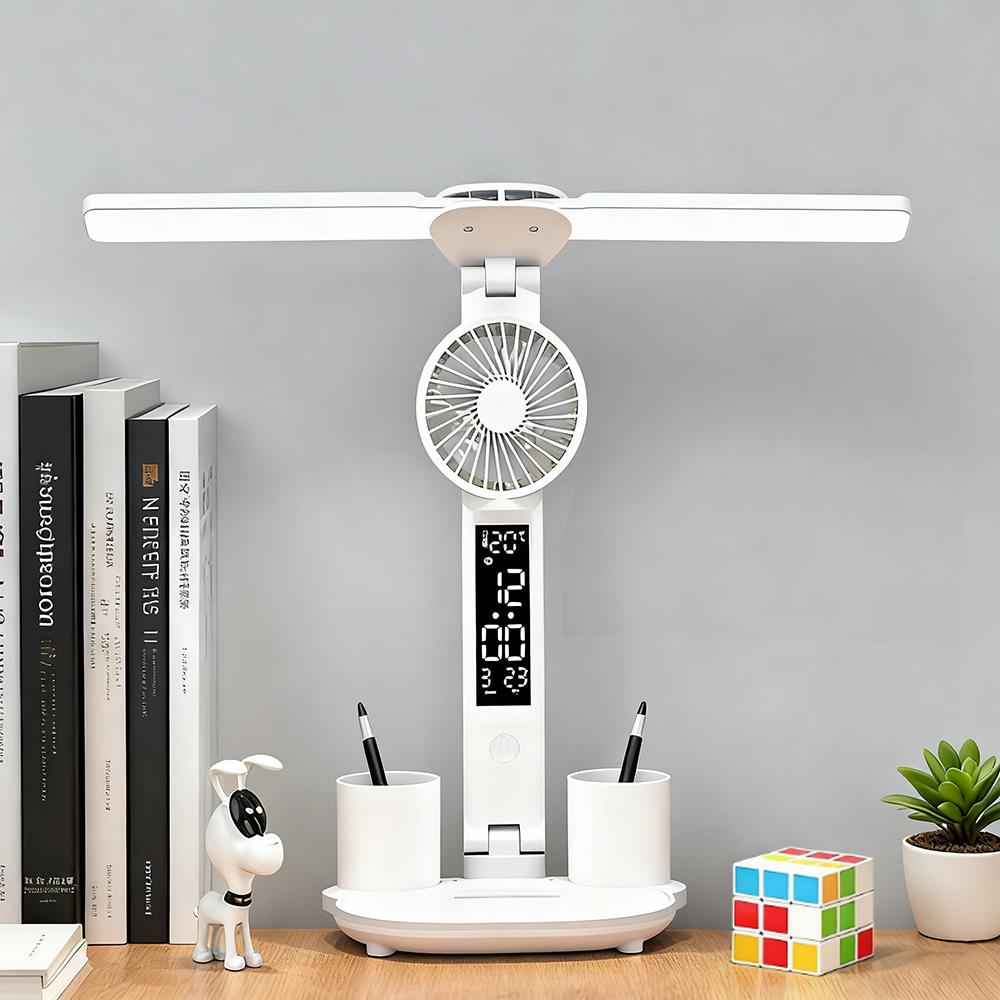 Lâmpada de mesa de cabeça dupla proteção para os olhos com ventilador lâmpada de mesa led recarregável regulável display inteligente para estudo leitura luz da noite