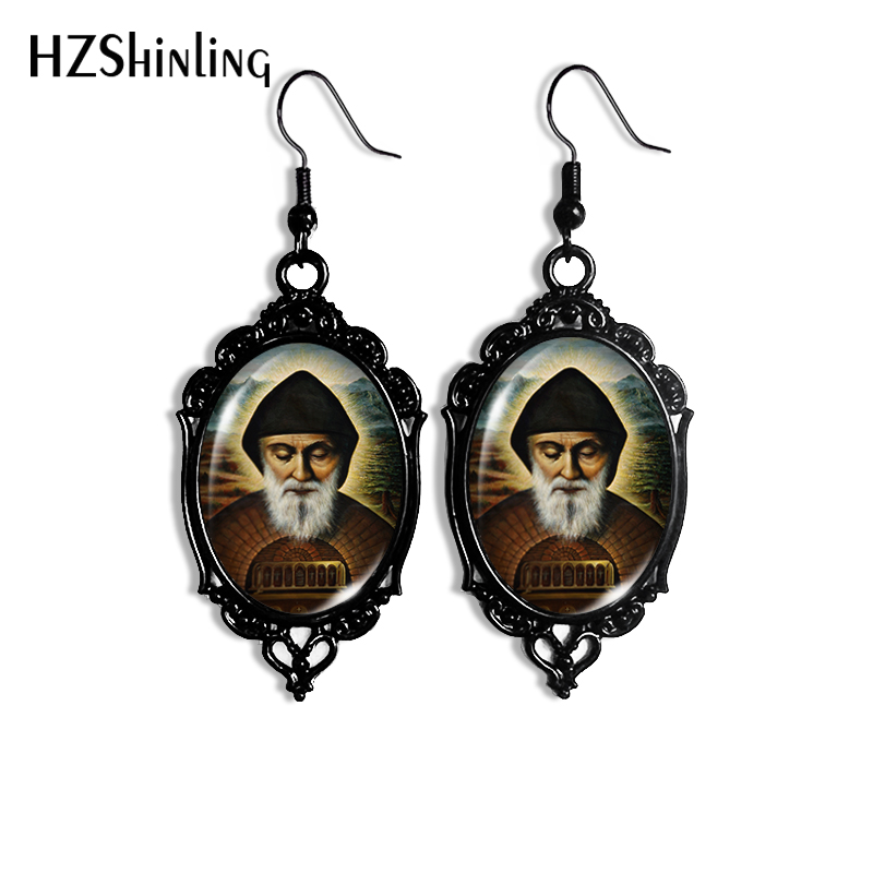Pendientes colgantes de Saint Charbel, pendientes de encaje negro, foto de cristal ovalada, joyería, regalos para fiesta, novedad de 2024