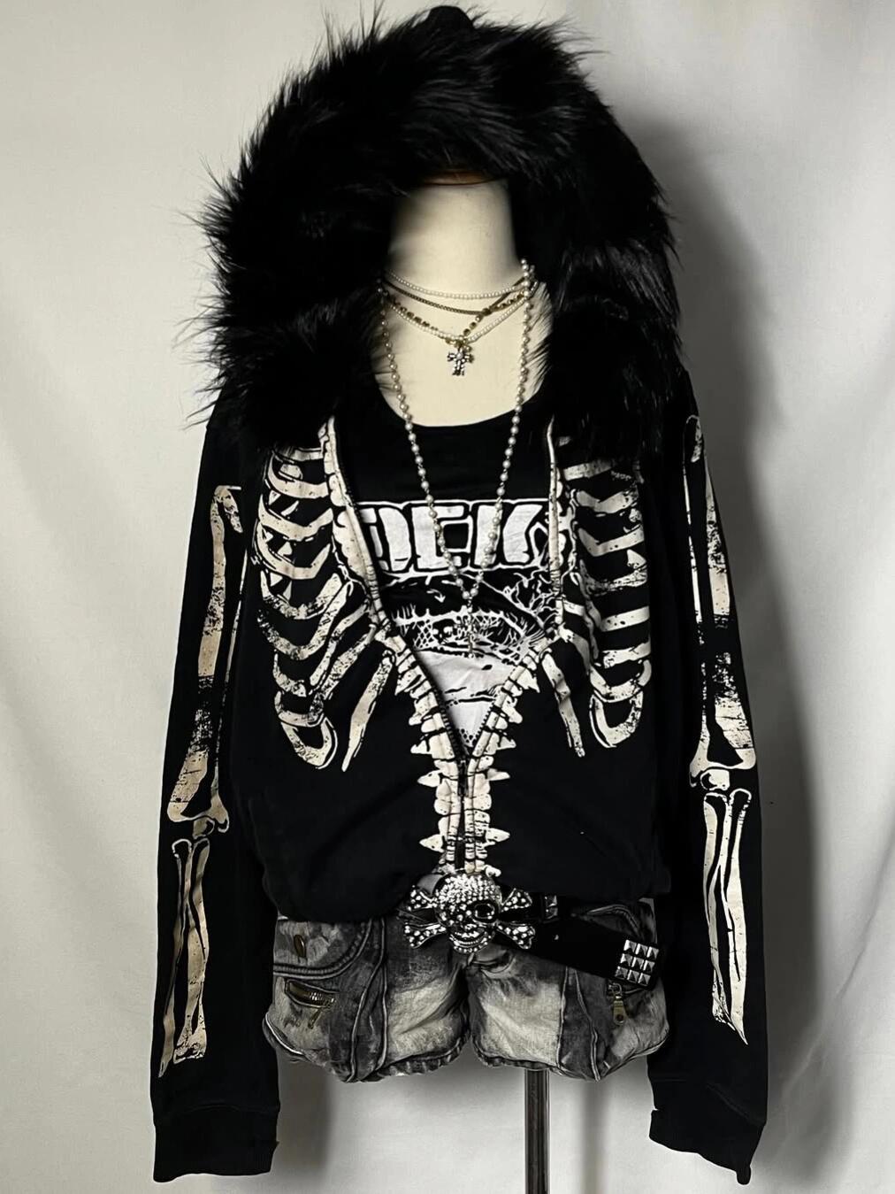 Otoño americano Vintage gótico Punk prendas de vestir exteriores mujer Cuello de piel estampado de calavera Y2K Sudadera con capucha subcultural Harajuku Casual ropa de calle