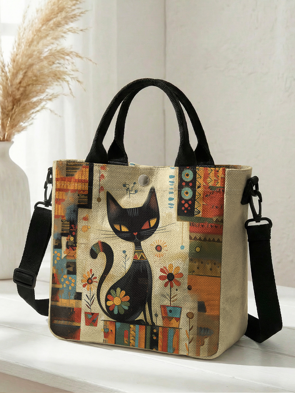 Abstracte geometrische bloemen zwarte kat kunstprint draagtas afneembare riem crossbody handtas voor dames dagelijks winkelen