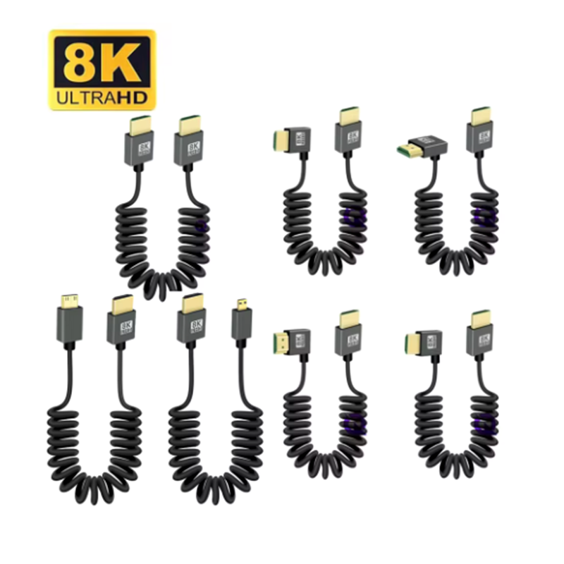 8K HDMI-เข้ากันได้กับสายขดที่รองรับ HDMI 48Gbps HDMI-เข้ากันได้กับสาย Mini/Micro HD สําหรับกล้อง/กล้องวิดีโอ/PC/Monitor