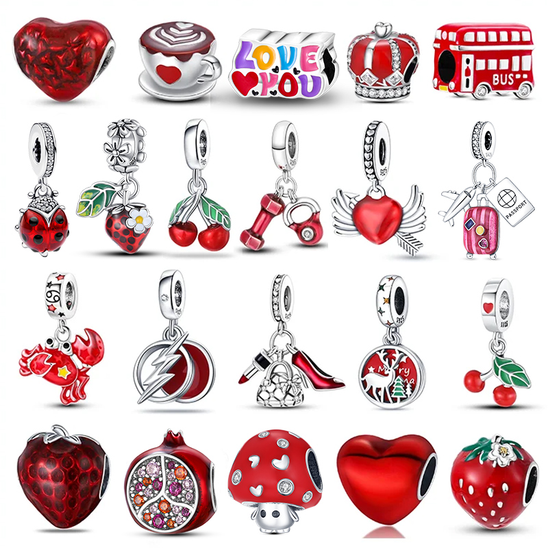 100% 925 เงินสเตอร์ลิงรูปหัวใจเชอร์รี่สีแดงคอลเลกชัน Charm ลูกปัดสําหรับ 3 มม.สร้อยข้อมือ DIY เครื่องประดับของขวัญ